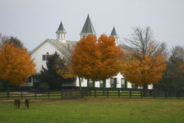Rural landscape photo with farm building and Fall foliage in Kentucky